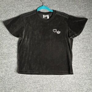 Adidas Originals Heart Shaped Patch Velour Tee Size Medium Black Flutter Sleeves